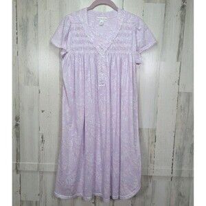 Miss Elaine Nightgown Small Purple Paisley Silky Knit 38" Smocked Cap Sleeve
